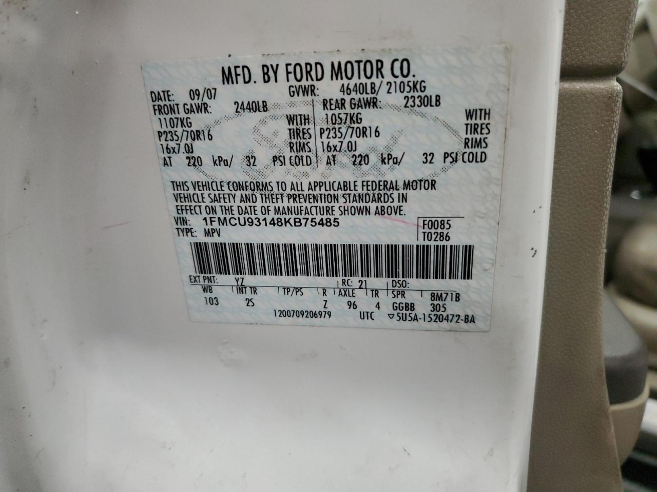2008 Ford Escape VIN 1FMCU93148KB75485 Copart auction photo, front end damage thumbnail 13