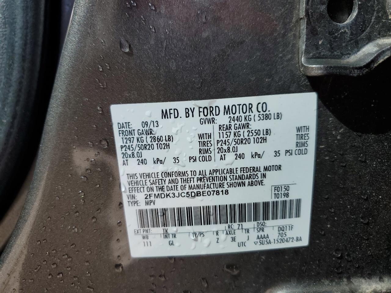 2013 Ford Edge VIN 2FMDK3JC5DBE07818 Copart auction photo, front end / side damage thumbnail 14