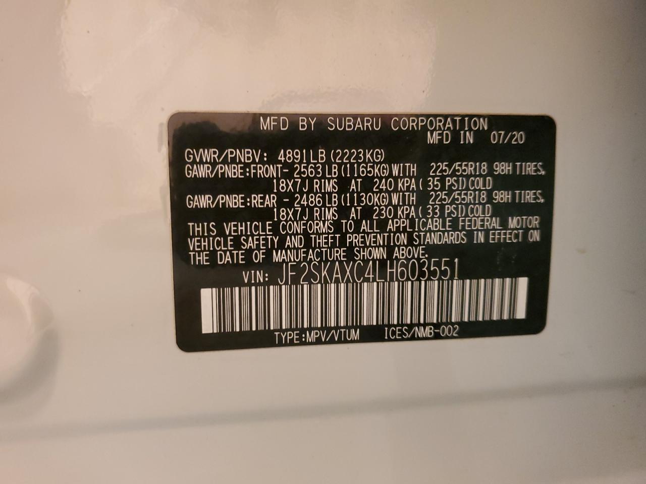 2020 Subaru Forester VIN JF2SKAXC4LH603551 Copart auction photo, front end / undercarriage damage thumbnail 16