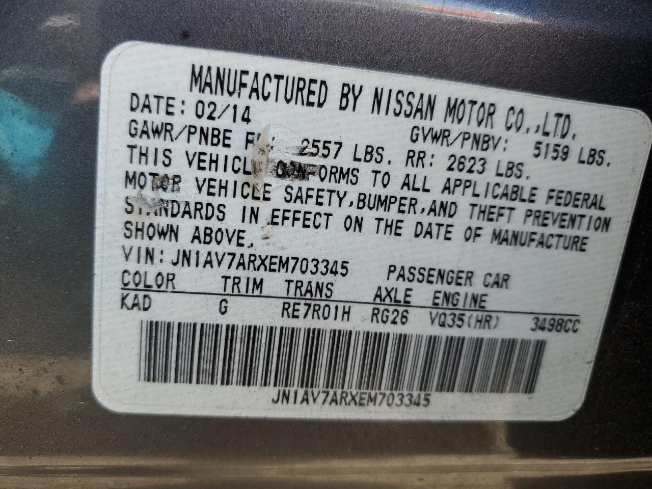 2014 Infiniti Q50 VIN JN1AV7ARXEM703345 Copart auction photo, front end damage thumbnail 12