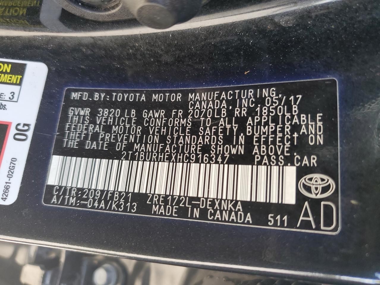 2017 Toyota Corolla VIN 2T1BURHEXHC916347 Copart auction photo, front end damage thumbnail 12