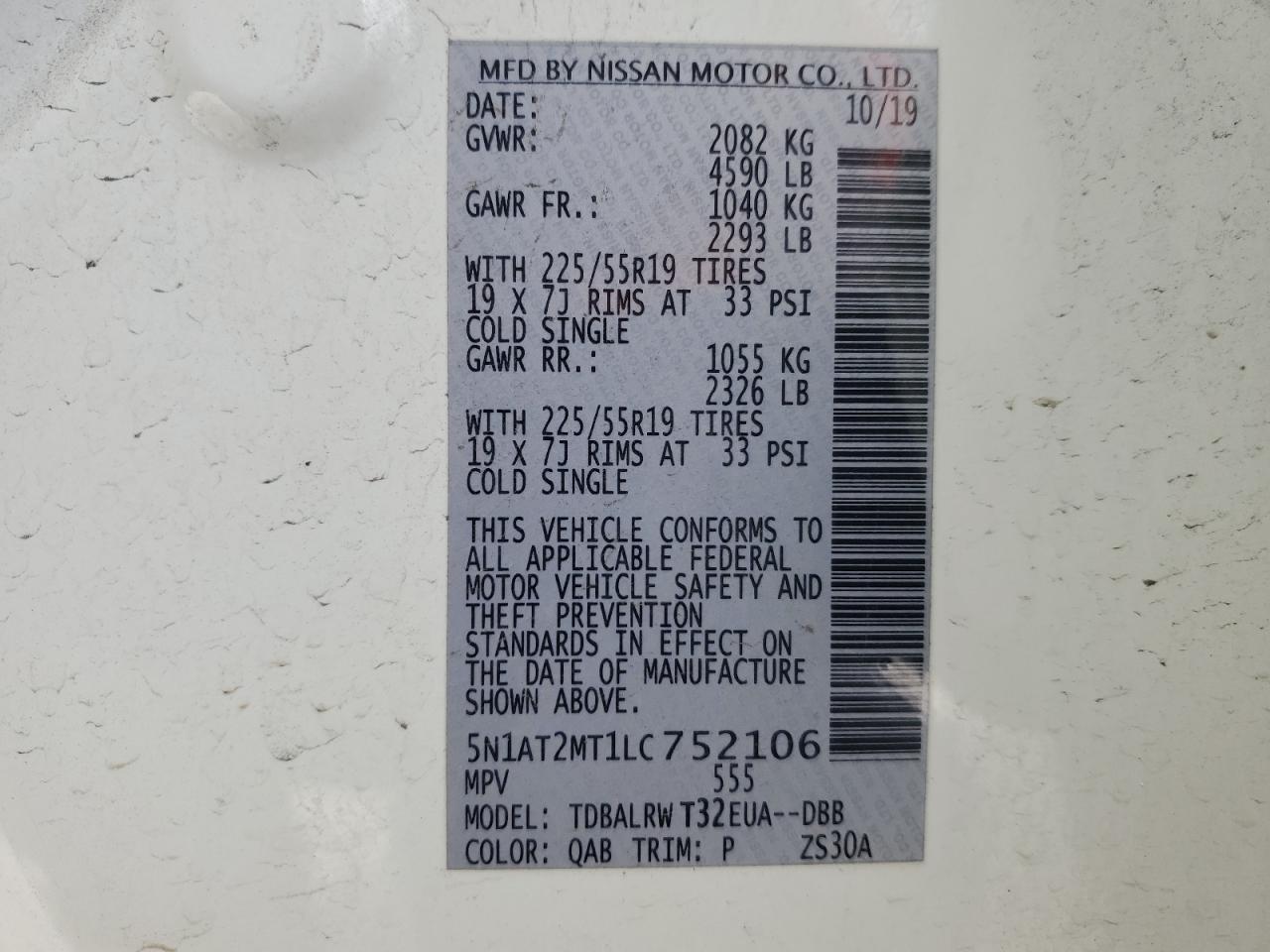 2020 Nissan Rogue VIN 5N1AT2MT1LC752106 Copart auction photo, front end / rear end damage thumbnail 13