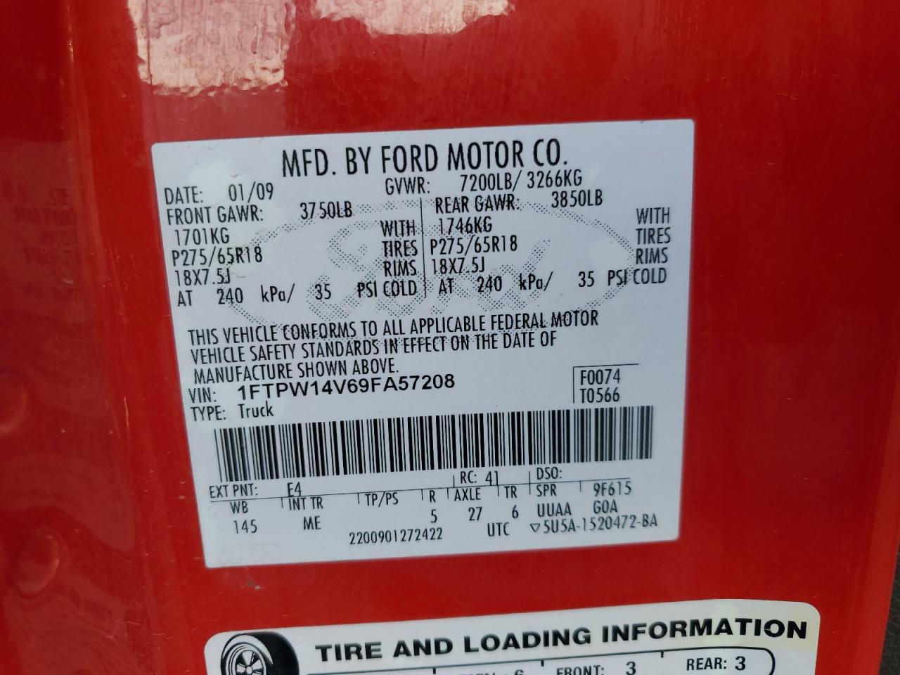 2009 Ford F-150 VIN 1FTPW14V69FA57208 Copart auction photo, rear end damage thumbnail 12