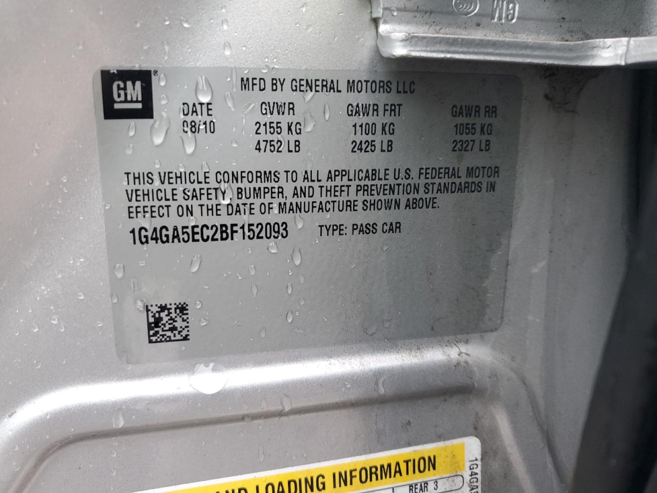2011 Buick LaCrosse VIN 1G4GA5EC2BF152093 Copart auction photo, rear end damage thumbnail 12