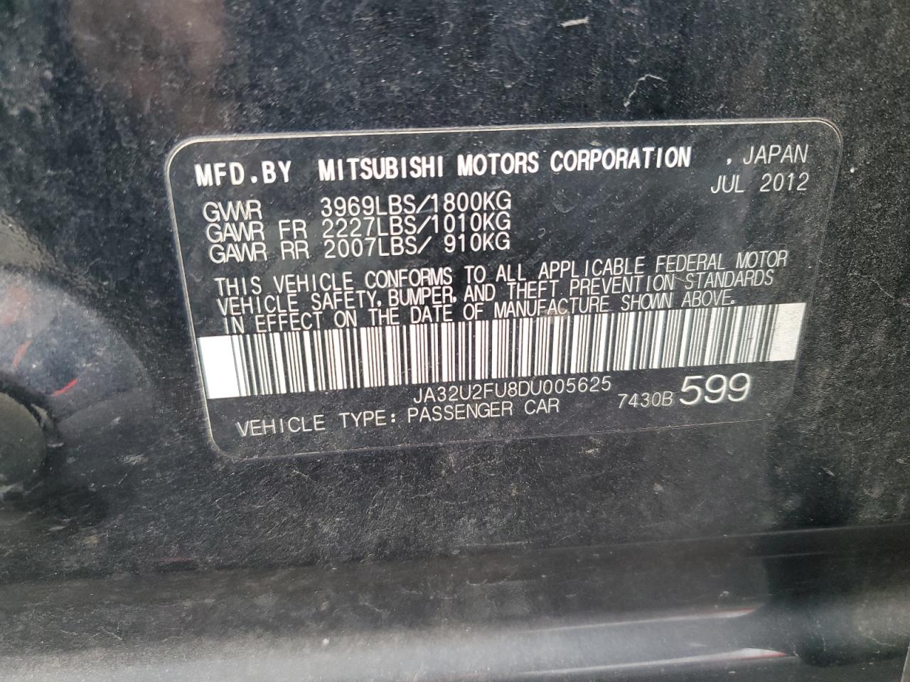 2013 Mitsubishi Lancer VIN JA32U2FU8DU005625 Copart auction photo, front end / rear end damage thumbnail 12