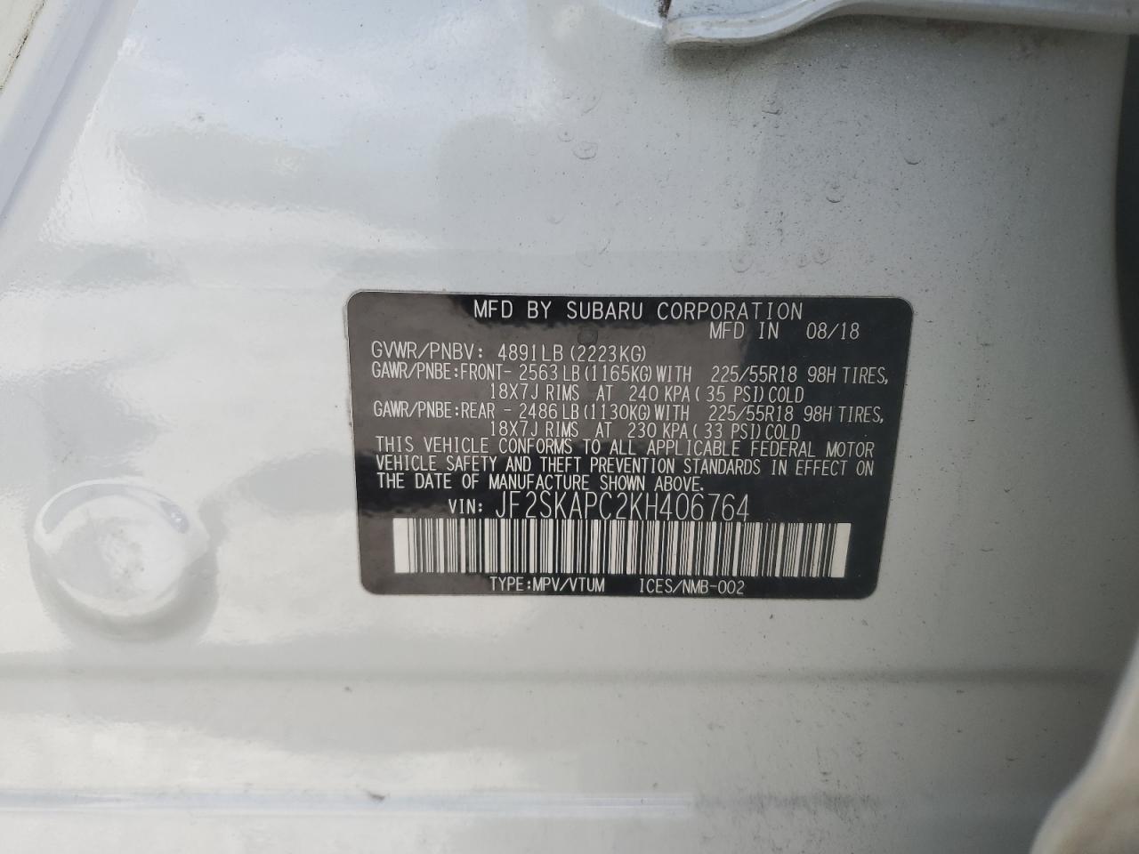 2019 Subaru Forester VIN JF2SKAPC2KH406764 Copart auction photo, front end / minor dent/scratches damage thumbnail 14