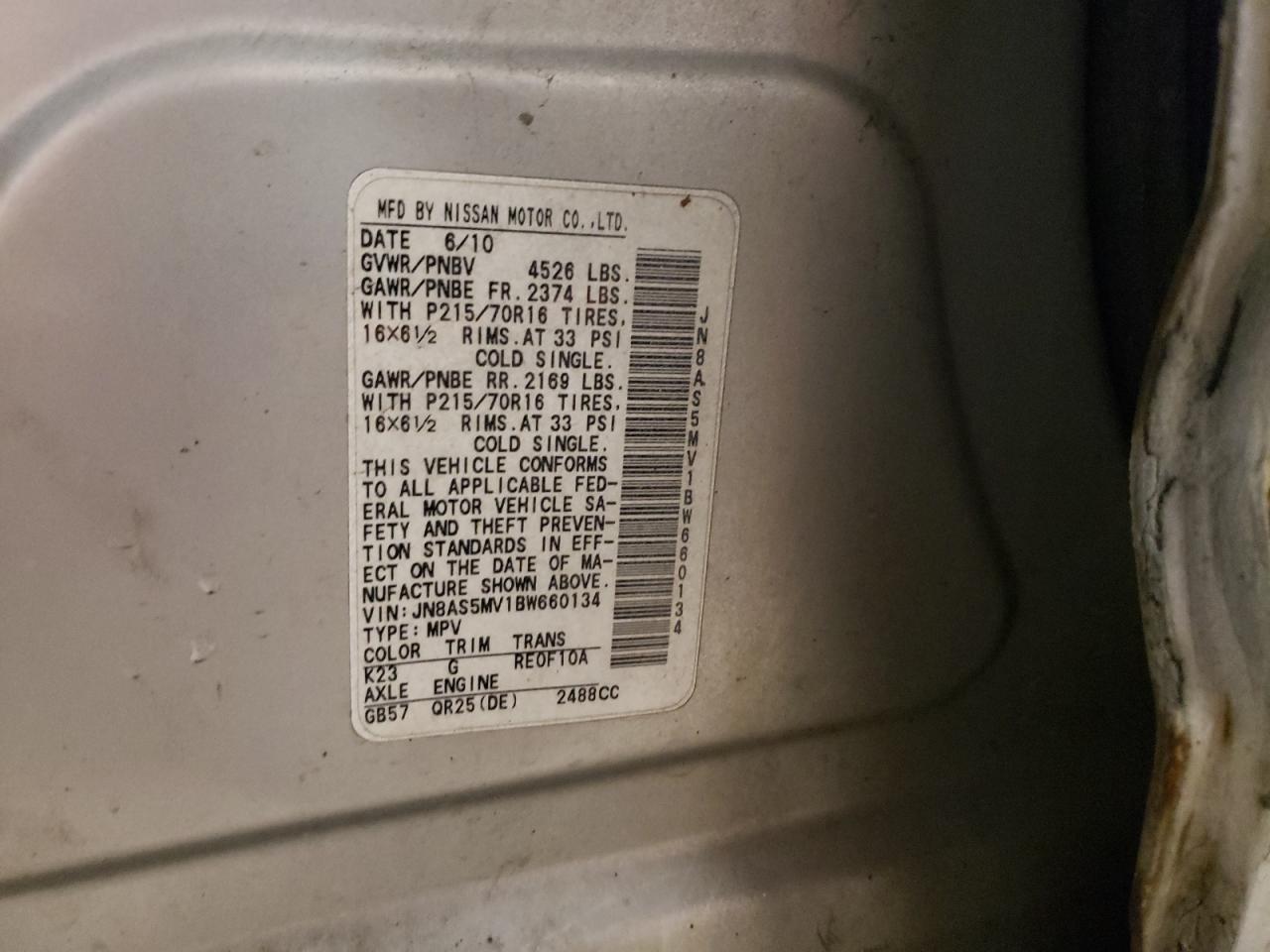 2011 Nissan Rogue VIN JN8AS5MV1BW660134 Copart auction photo, front end / side damage thumbnail 14