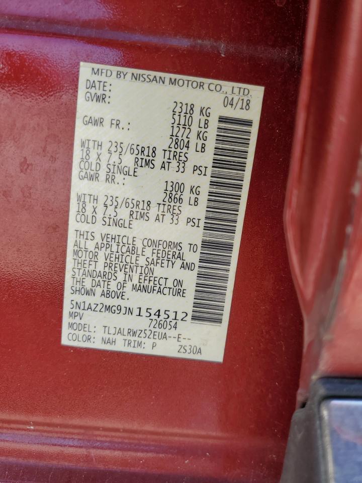 2018 Nissan Murano VIN 5N1AZ2MG9JN154512 Copart auction photo, top/roof / minor dent/scratches damage thumbnail 13