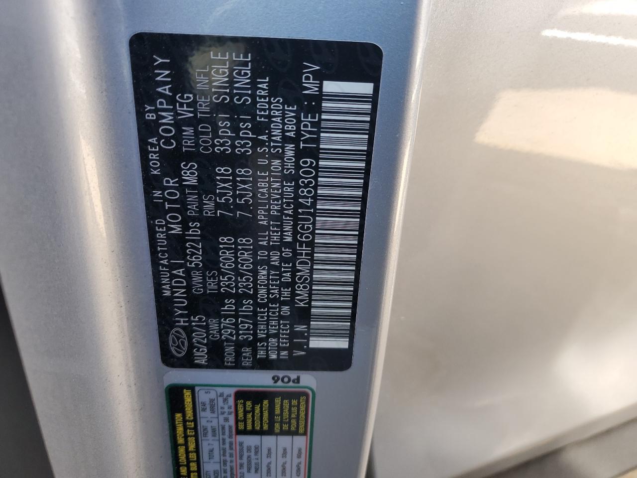 2016 Hyundai Santa Fe VIN KM8SMDHF6GU148309 Copart auction photo, undercarriage / mechanical damage thumbnail 13