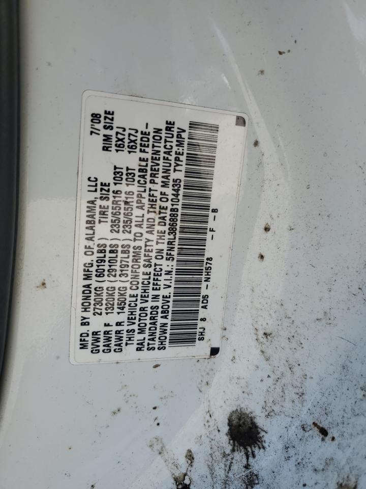 2008 Honda Odyssey VIN 5FNRL38688B104435 Copart auction photo, side damage thumbnail 13