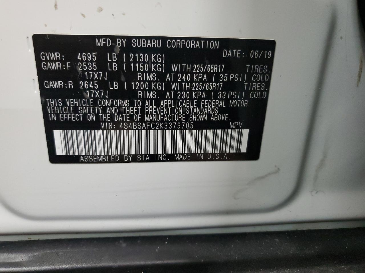 2019 Subaru Outback VIN 4S4BSAFC2K3379705 Copart auction photo, front end damage thumbnail 14