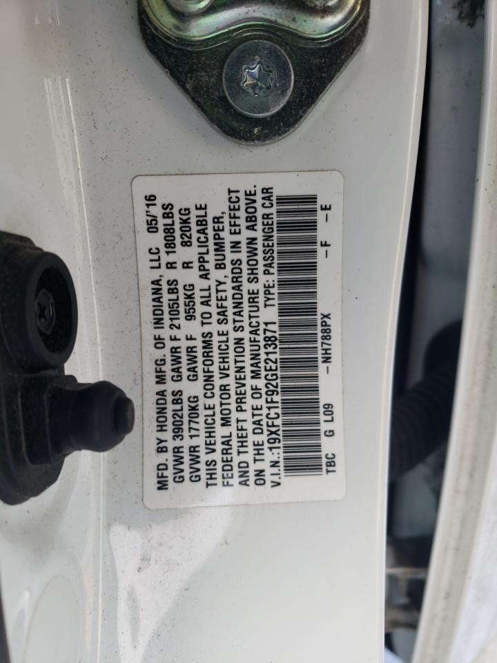 2016 Honda Civic VIN 19XFC1F92GE213871 Copart auction photo, front end damage thumbnail 12