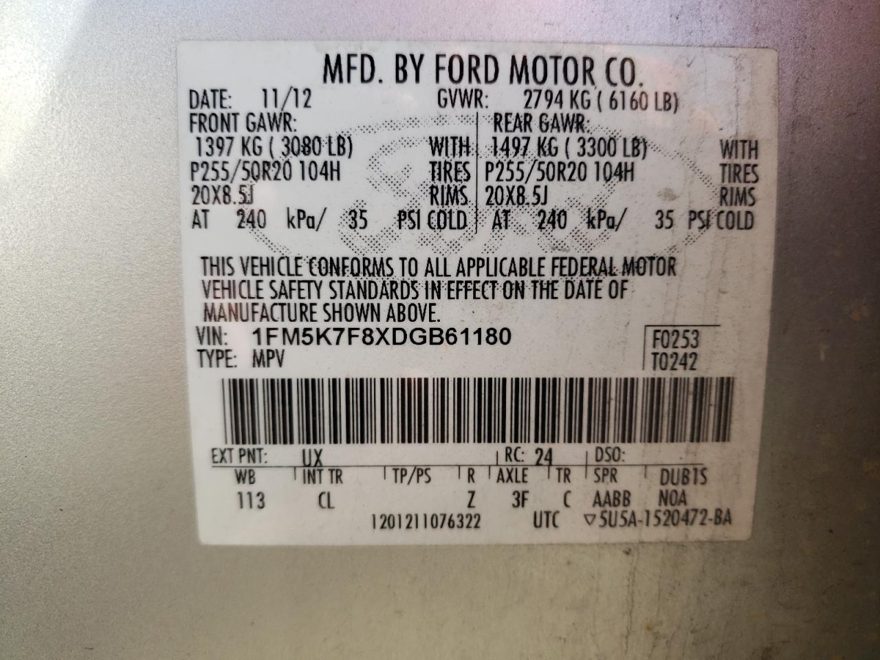 2013 Ford Explorer VIN 1FM5K7F8XDGB61180 Copart auction photo, all over damage thumbnail 16