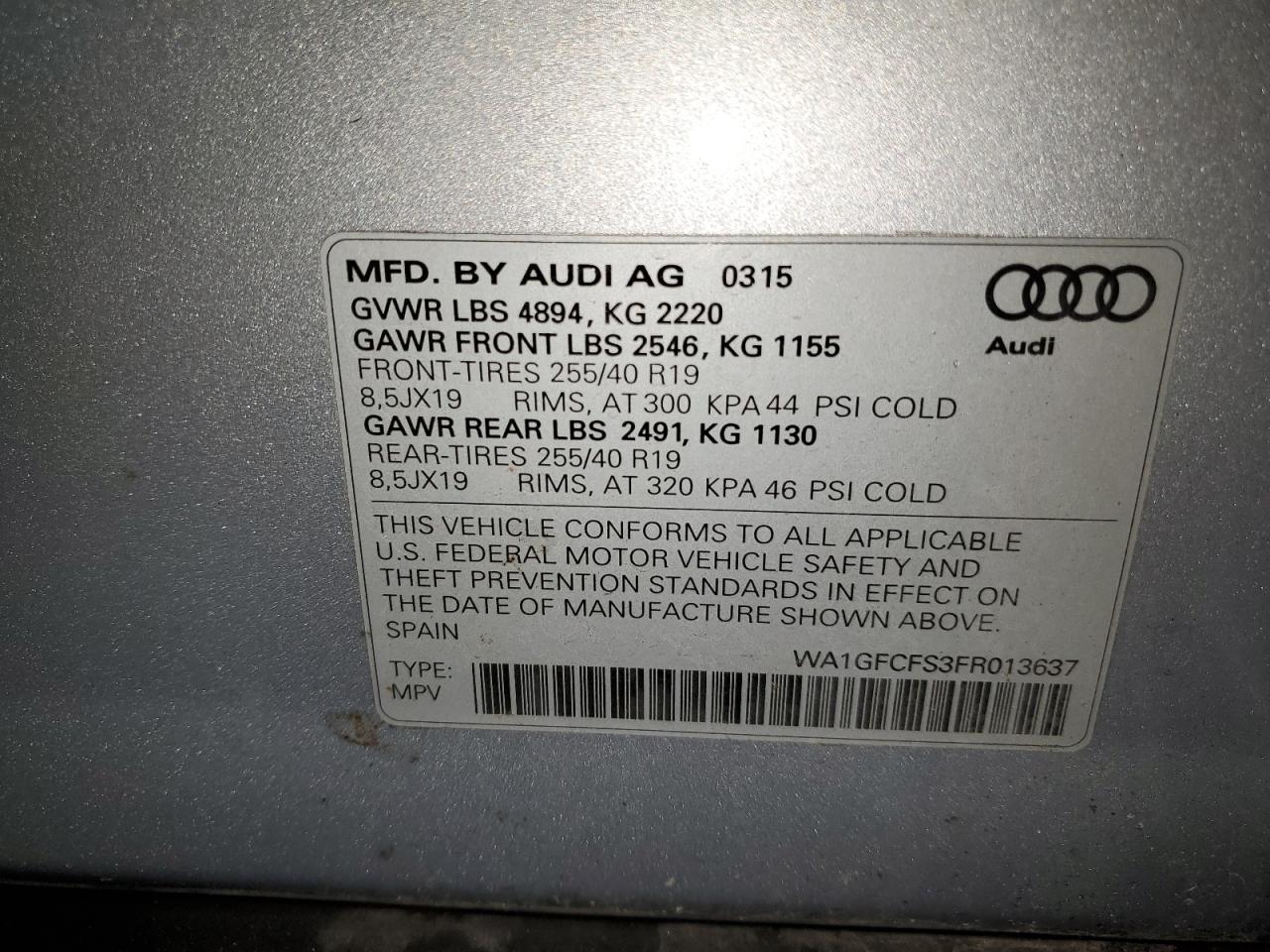 2015 Audi Q3 VIN WA1GFCFS3FR013637 Copart auction photo, rear end damage thumbnail 13