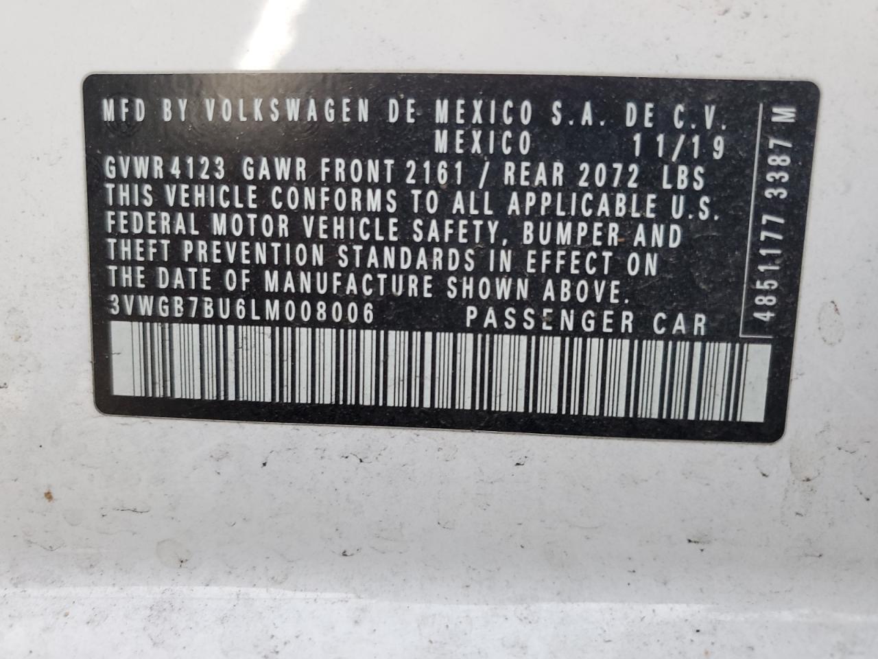 2020 Volkswagen Jetta VIN 3VWGB7BU6LM008006 Copart auction photo, side damage thumbnail 12