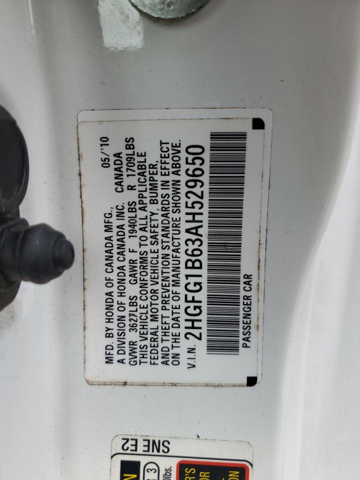 2010 Honda Civic VIN 2HGFG1B63AH529650 Copart auction photo, front end damage thumbnail 12