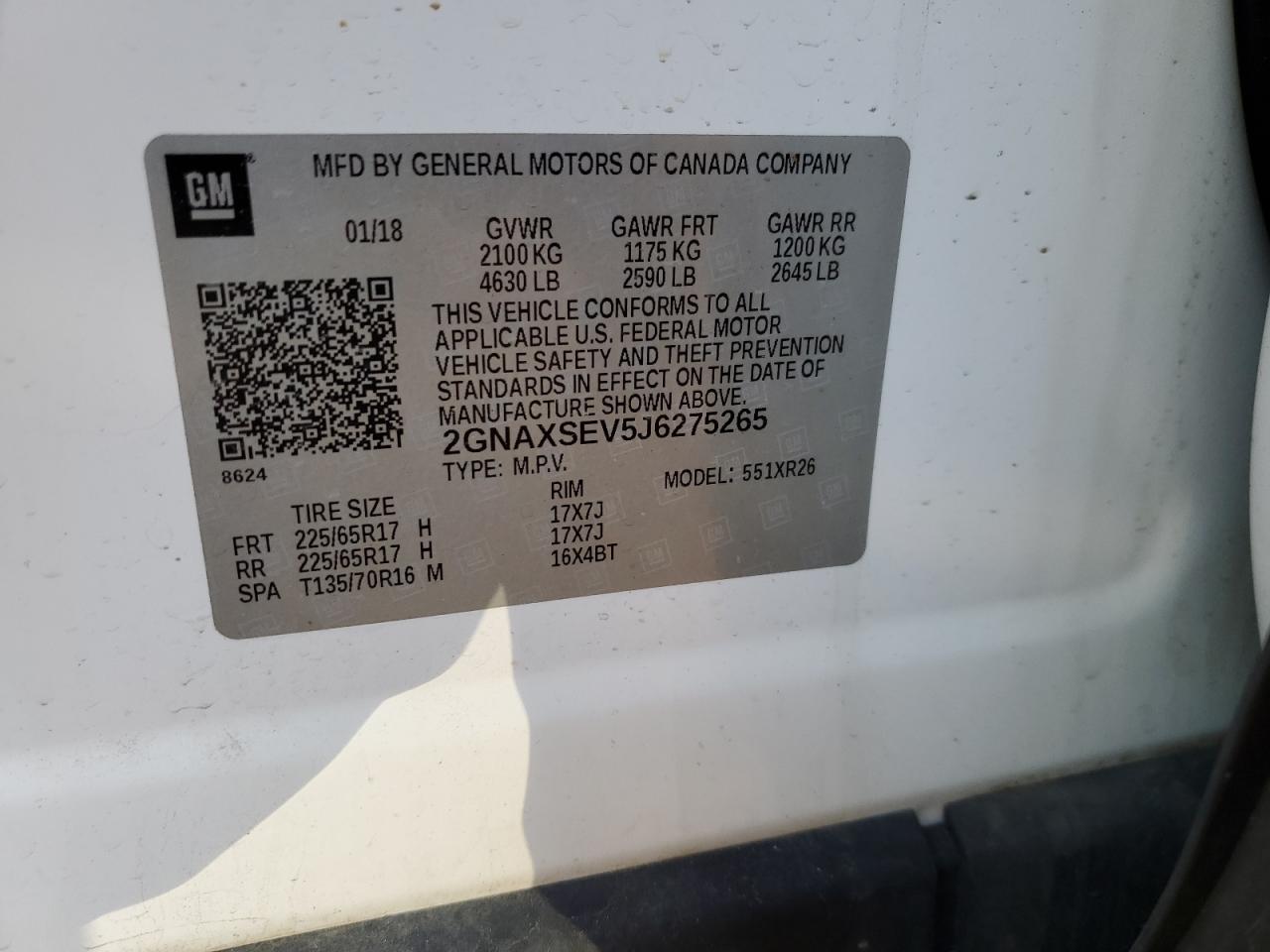 2018 Chevrolet Equinox VIN 2GNAXSEV5J6275265 Copart auction photo, front end / minor dent/scratches damage thumbnail 14