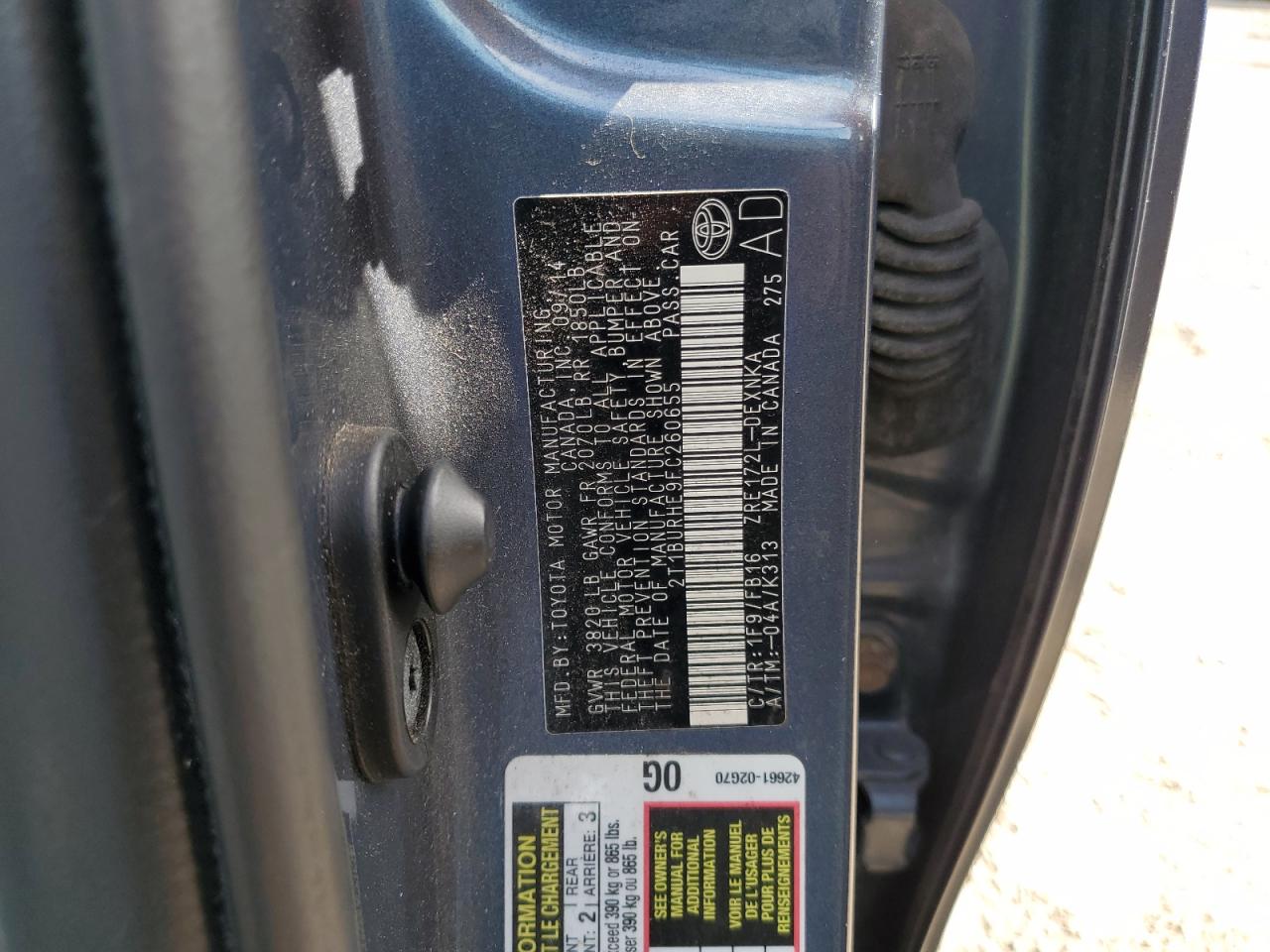 2015 Toyota Corolla VIN 2T1BURHE9FC260655 Copart auction photo, front end / side damage thumbnail 14