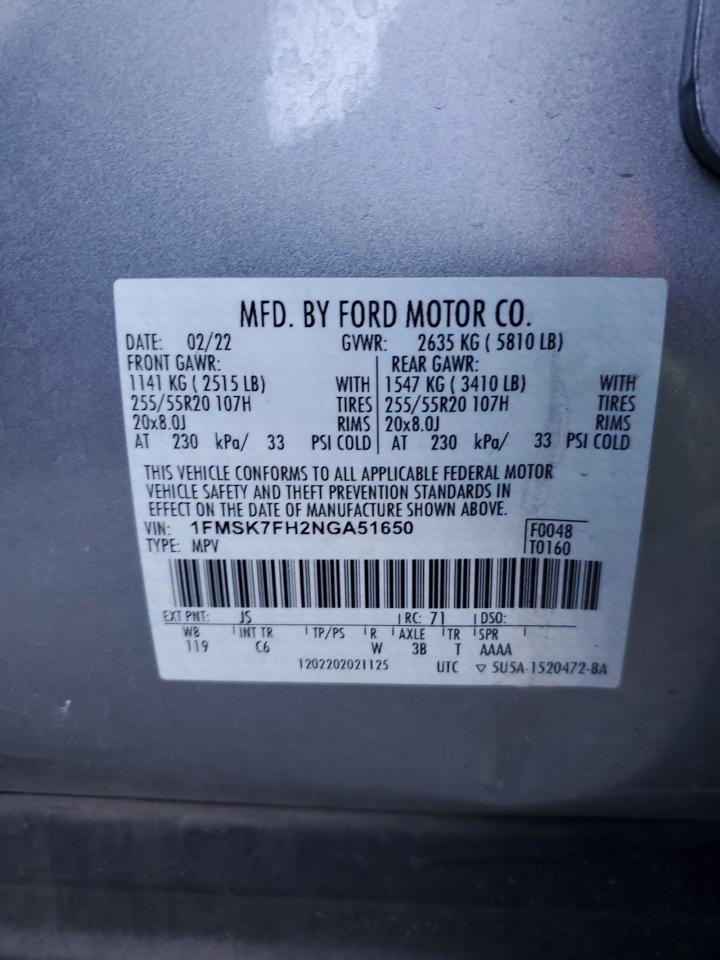 2022 Ford Explorer VIN 1FMSK7FH2NGA51650 Copart auction photo, all over damage thumbnail 13