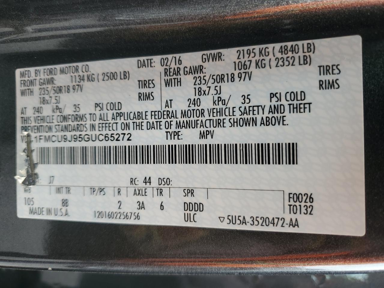 2016 Ford Escape VIN 1FMCU9J95GUC65272 Copart auction photo, side damage thumbnail 13