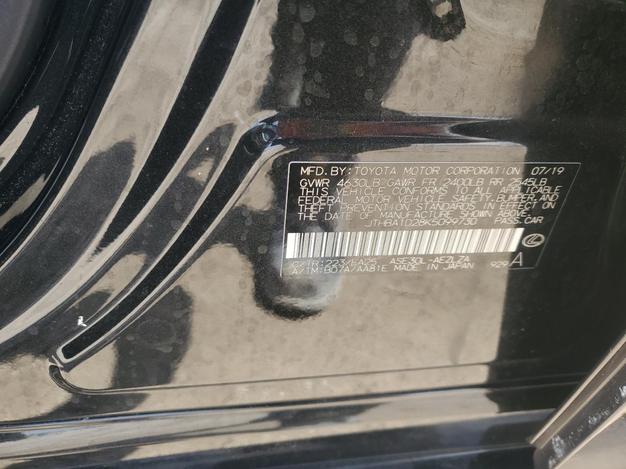 2019 Lexus IS VIN JTHBA1D28K5099730 Copart auction photo, front end / mechanical damage thumbnail 13