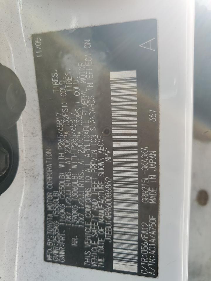 2006 Toyota 4Runner VIN JTEBU14R960086862 Copart auction photo, water/flood damage thumbnail 14