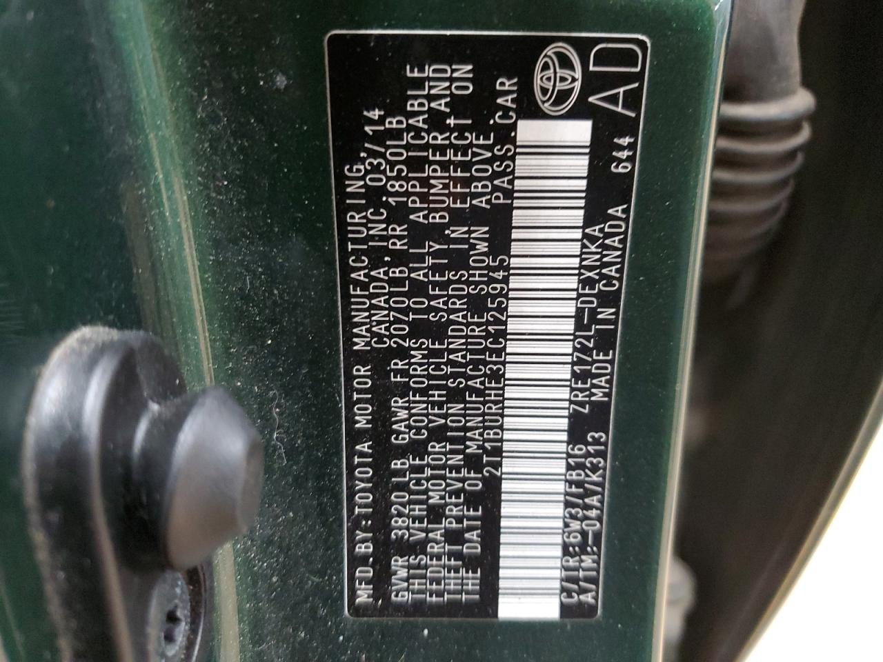 2014 Toyota Corolla VIN 2T1BURHE3EC125945 Copart auction photo, all over damage thumbnail 14