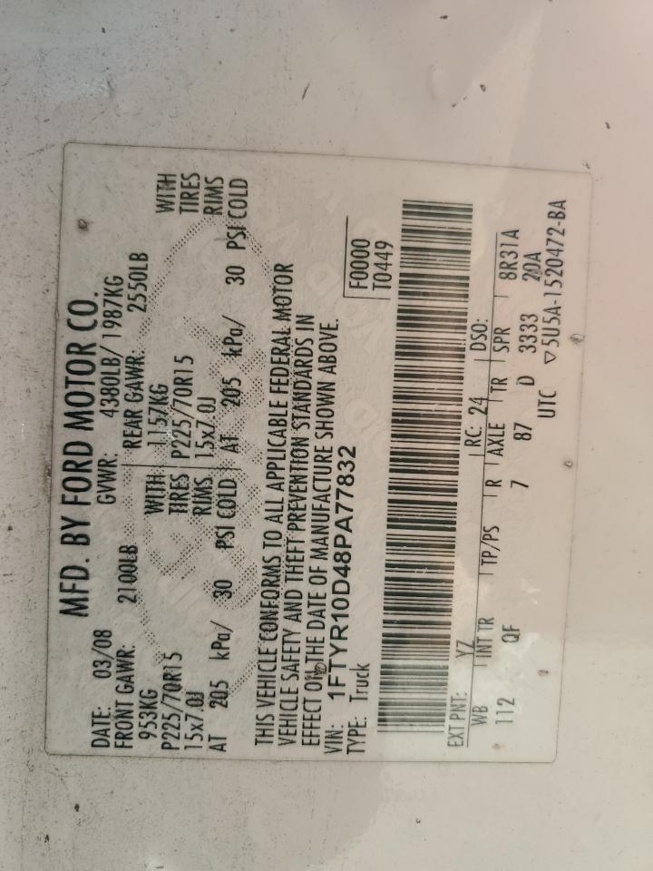 2008 Ford Ranger VIN 1FTYR10D48PA77832 Copart auction photo, front end / minor dent/scratches damage thumbnail 13