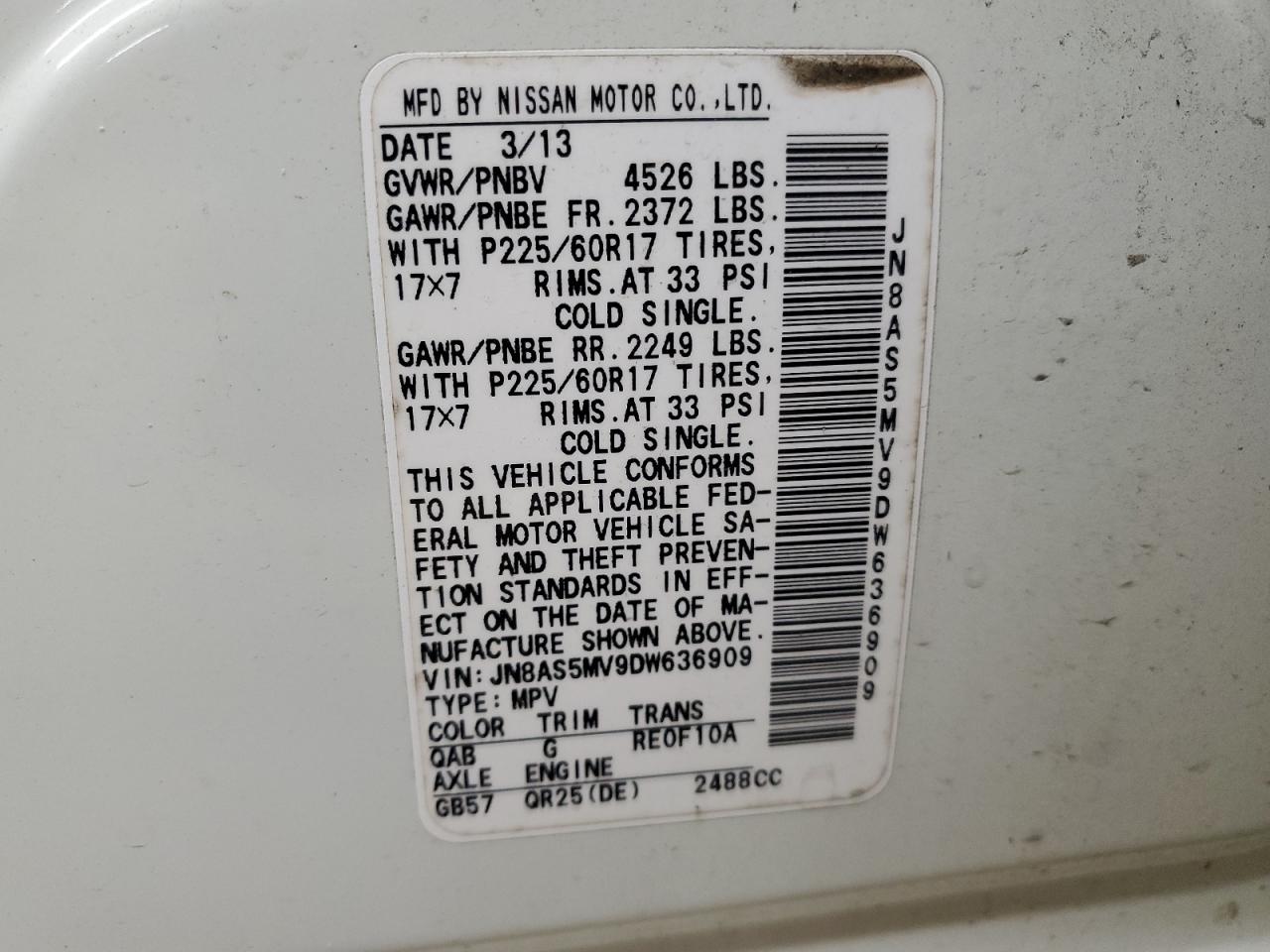 2013 Nissan Rogue VIN JN8AS5MV9DW636909 Copart auction photo, mechanical / minor dent/scratches damage thumbnail 13