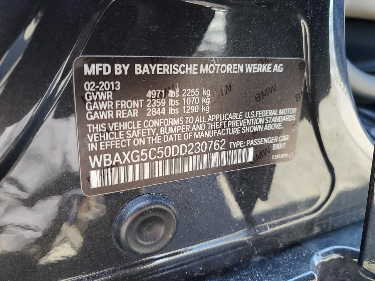 2013 BMW 5er VIN WBAXG5C50DD230762 Copart auction photo, front end damage thumbnail 12