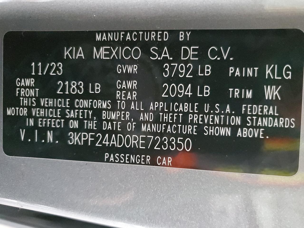 2024 KIA Forte VIN 3KPF24AD0RE723350 Copart auction photo, rear end / side damage thumbnail 14