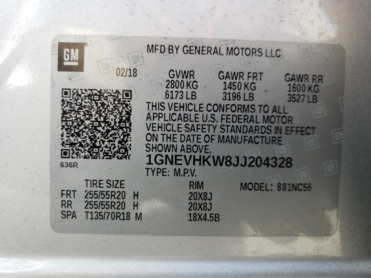 2018 Chevrolet Traverse VIN 1GNEVHKW8JJ204328 Copart auction photo, rear end / front end damage thumbnail 13