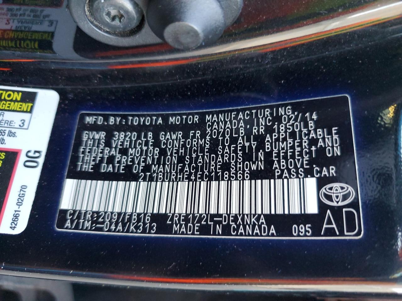 2014 Toyota Corolla VIN 2T1BURHE4EC118566 Copart auction photo, side damage thumbnail 12