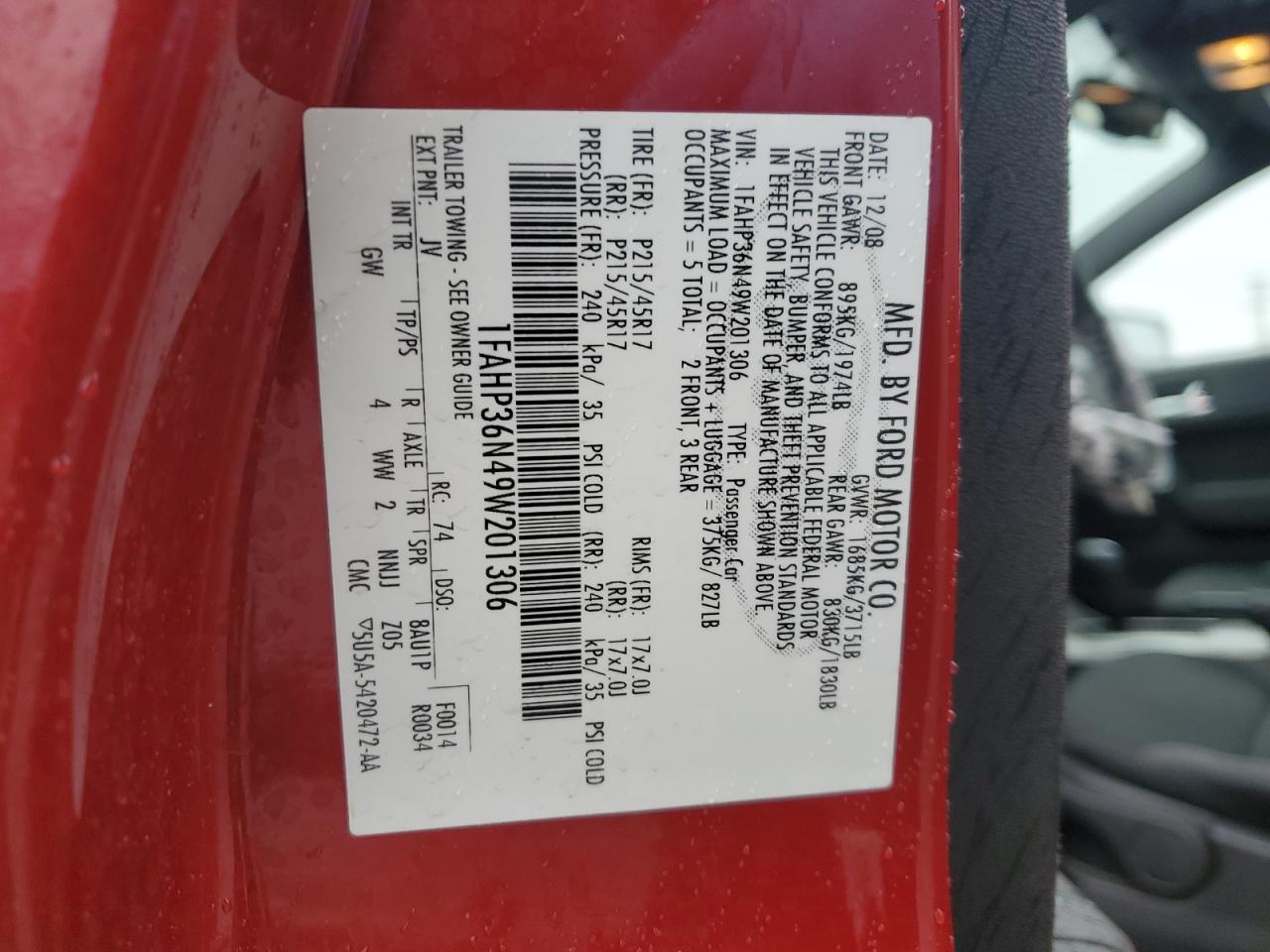 2009 Ford Focus VIN 1FAHP36N49W201306 Copart auction photo, rear end damage thumbnail 14