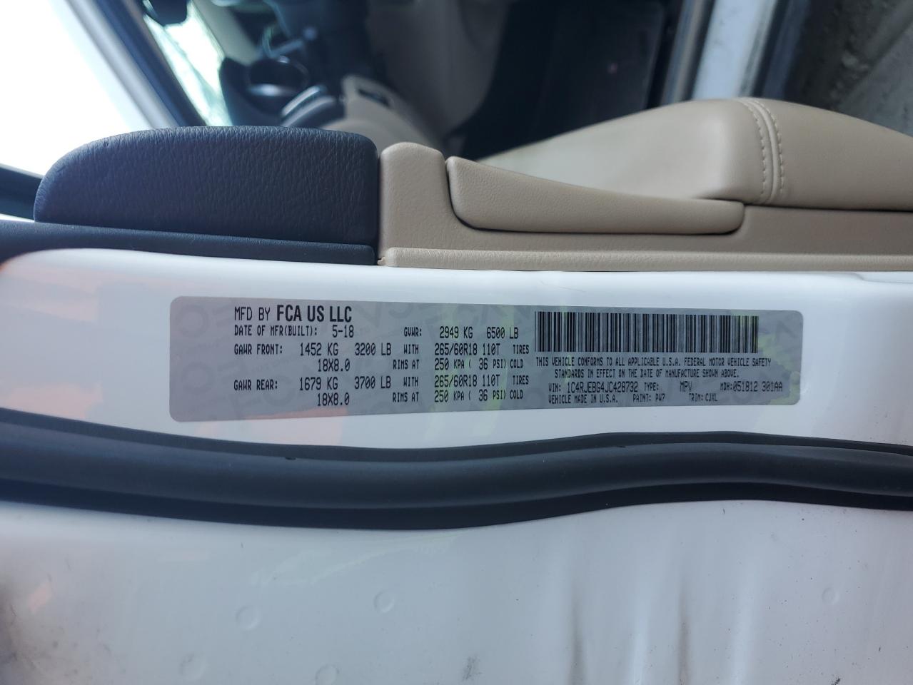2018 Jeep Grand Cherokee VIN 1C4RJEBG4JC428732 Copart auction photo, all over damage thumbnail 13