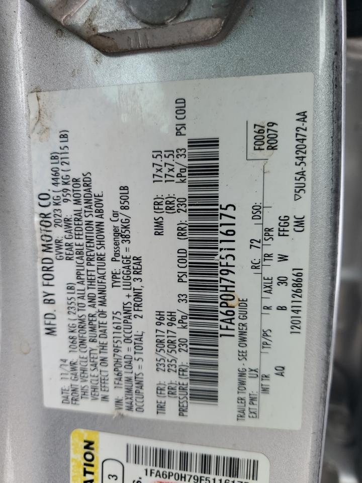 2015 Ford Fusion VIN 1FA6P0H79F5116175 Copart auction photo, front end / side damage thumbnail 14