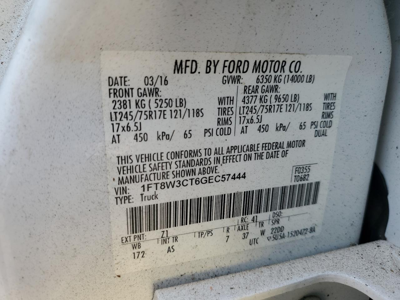 2016 Ford F350 VIN 1FT8W3CT6GEC57444 Copart auction photo, normal wear damage thumbnail 13