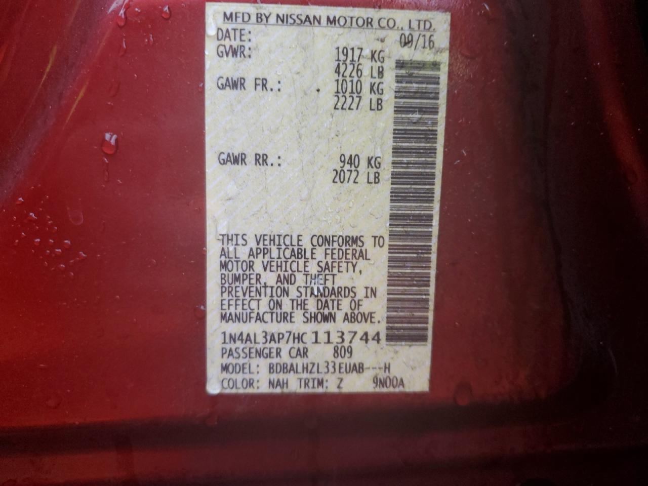 2017 Nissan Altima VIN 1N4AL3AP7HC113744 Copart auction photo, rear end damage thumbnail 13
