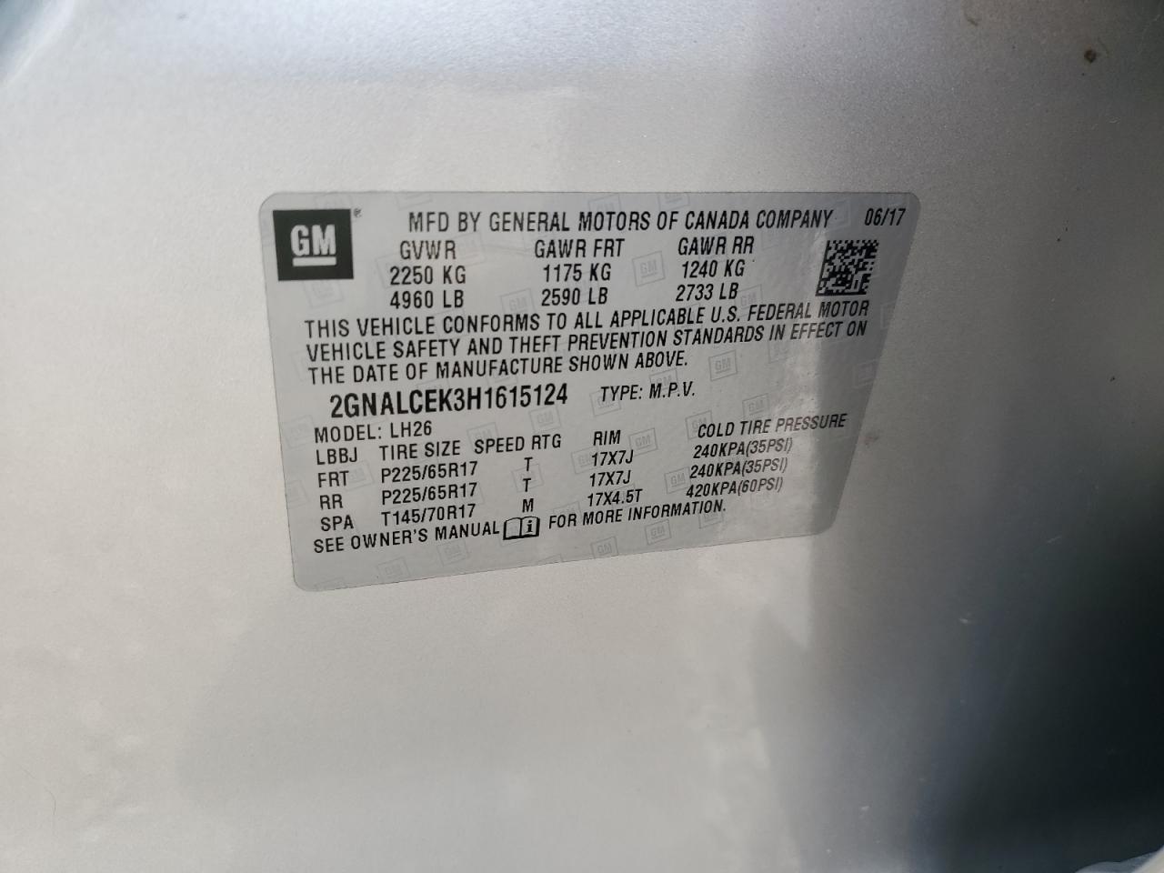 2017 Chevrolet Equinox VIN 2GNALCEK3H1615124 Copart auction photo, front end damage thumbnail 15