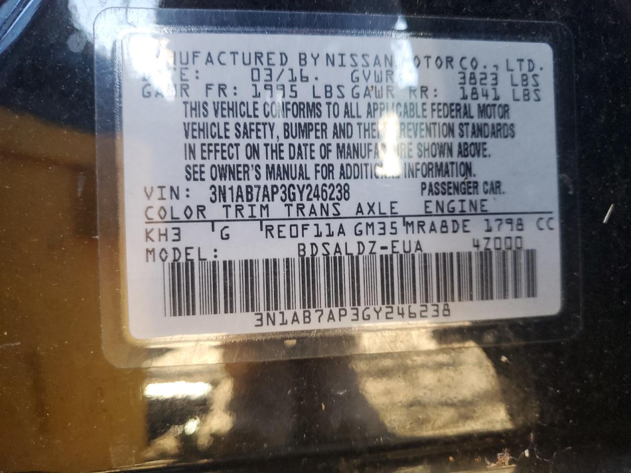 2016 Nissan Sentra VIN 3N1AB7AP3GY246238 Copart auction photo, all over / undercarriage damage thumbnail 12