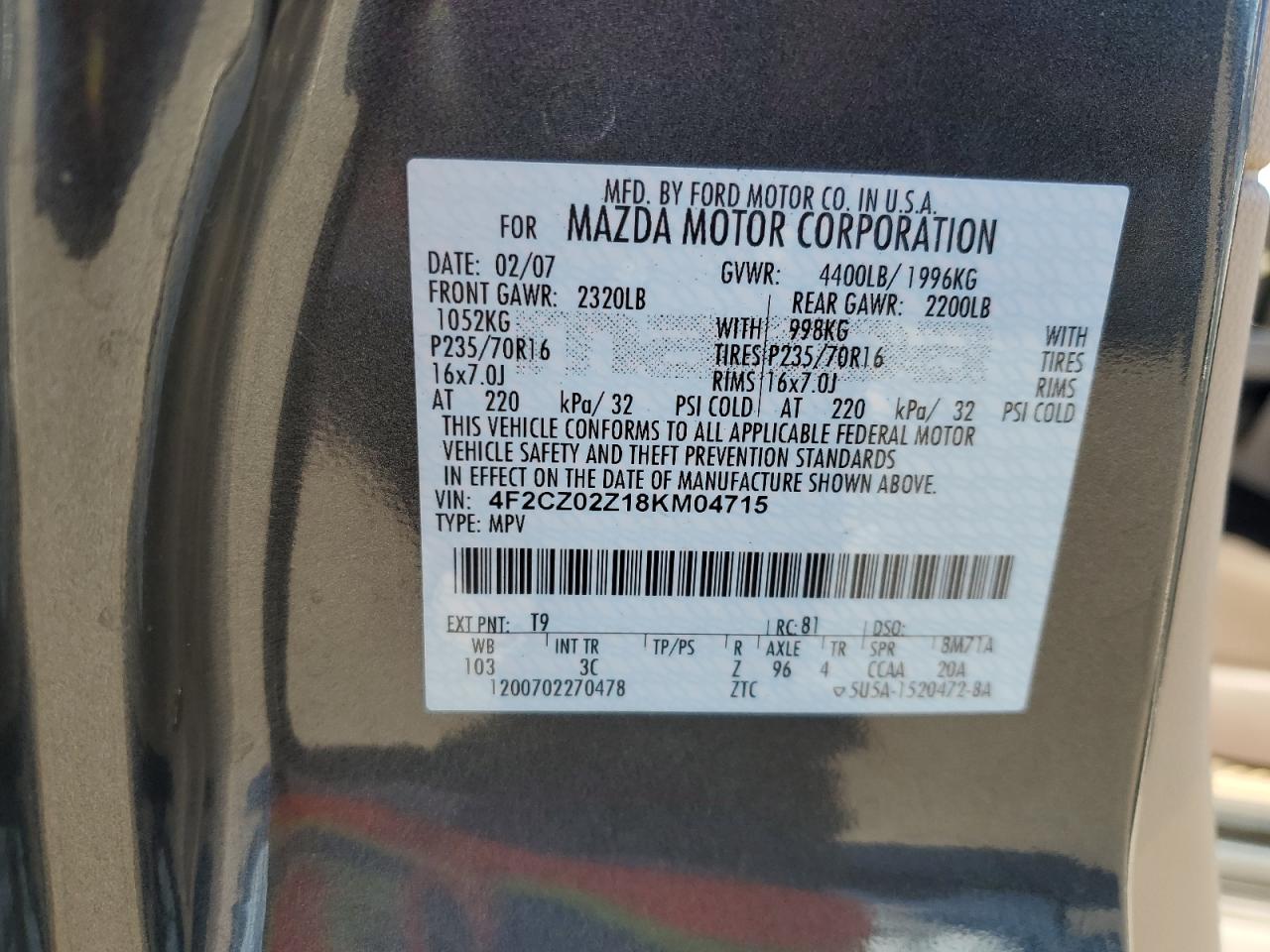 2008 Mazda Tribute VIN 4F2CZ02Z18KM04715 Copart auction photo, side / front end damage thumbnail 15