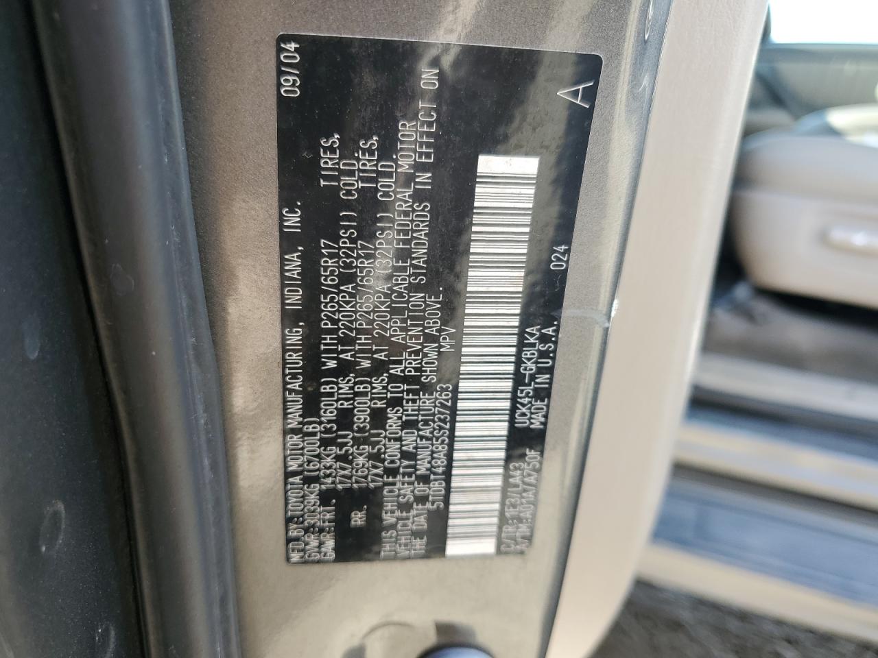 2005 Toyota Sequoia VIN 5TDBT48A85S237263 Copart auction photo, side / rear end damage thumbnail 13
