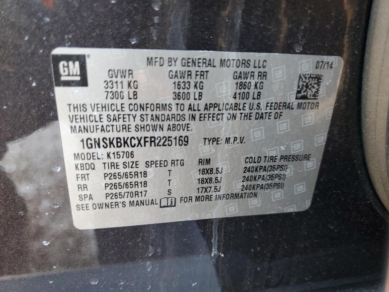 2015 Chevrolet Tahoe VIN 1GNSKBKCXFR225169 Copart auction photo, front end / side damage thumbnail 14