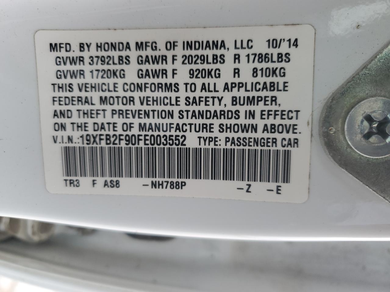 2015 Honda Civic VIN 19XFB2F90FE003552 Copart auction photo, rear end damage thumbnail 14