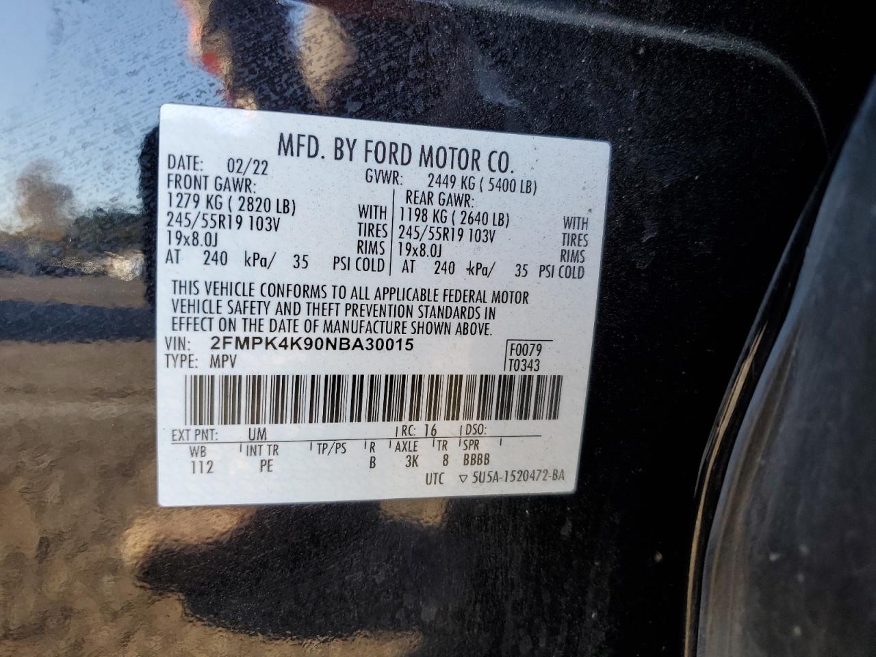2022 Ford Edge VIN 2FMPK4K90NBA30015 Copart auction photo, front end / side damage thumbnail 13