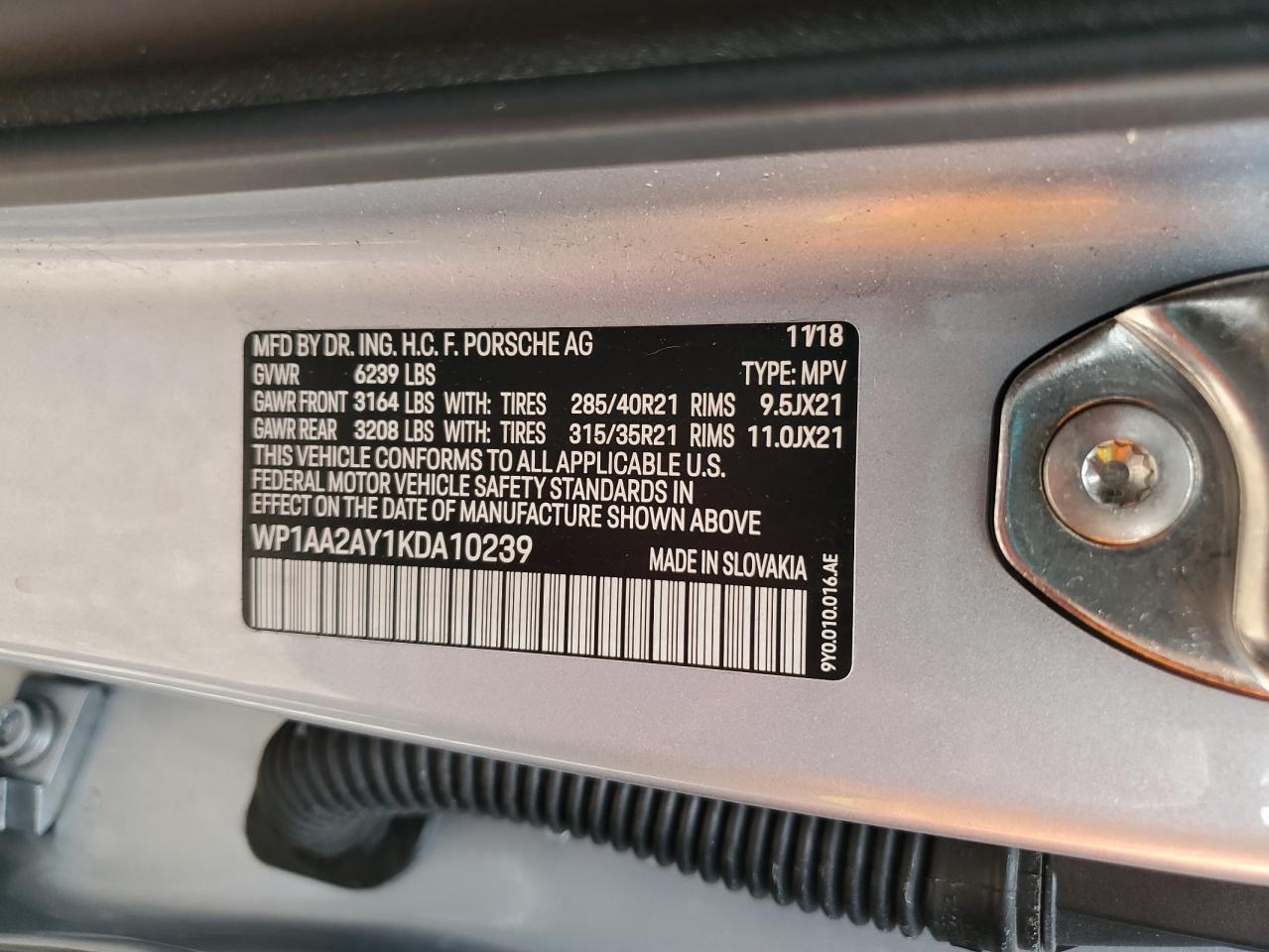 2019 Porsche Cayenne VIN WP1AA2AY1KDA10239 Copart auction photo, front end / side damage thumbnail 15
