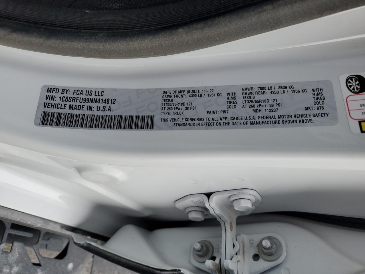2022 RAM 1500 VIN 1C6SRFU99NN414812 Copart auction photo, rollover damage thumbnail 14