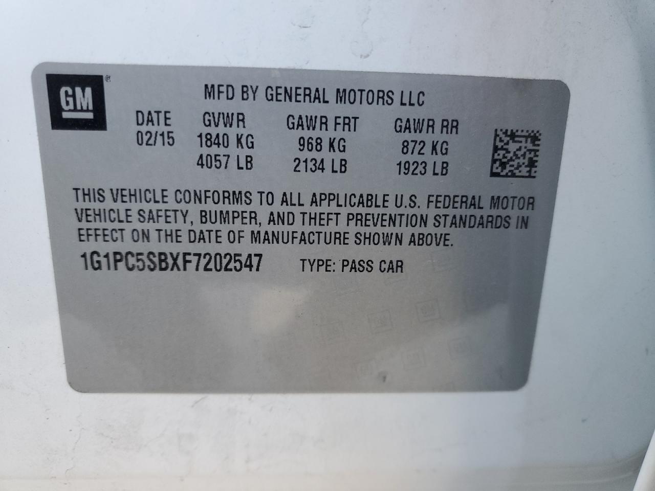 2015 Chevrolet Cruze VIN 1G1PC5SBXF7202547 Copart auction photo, front end damage thumbnail 14