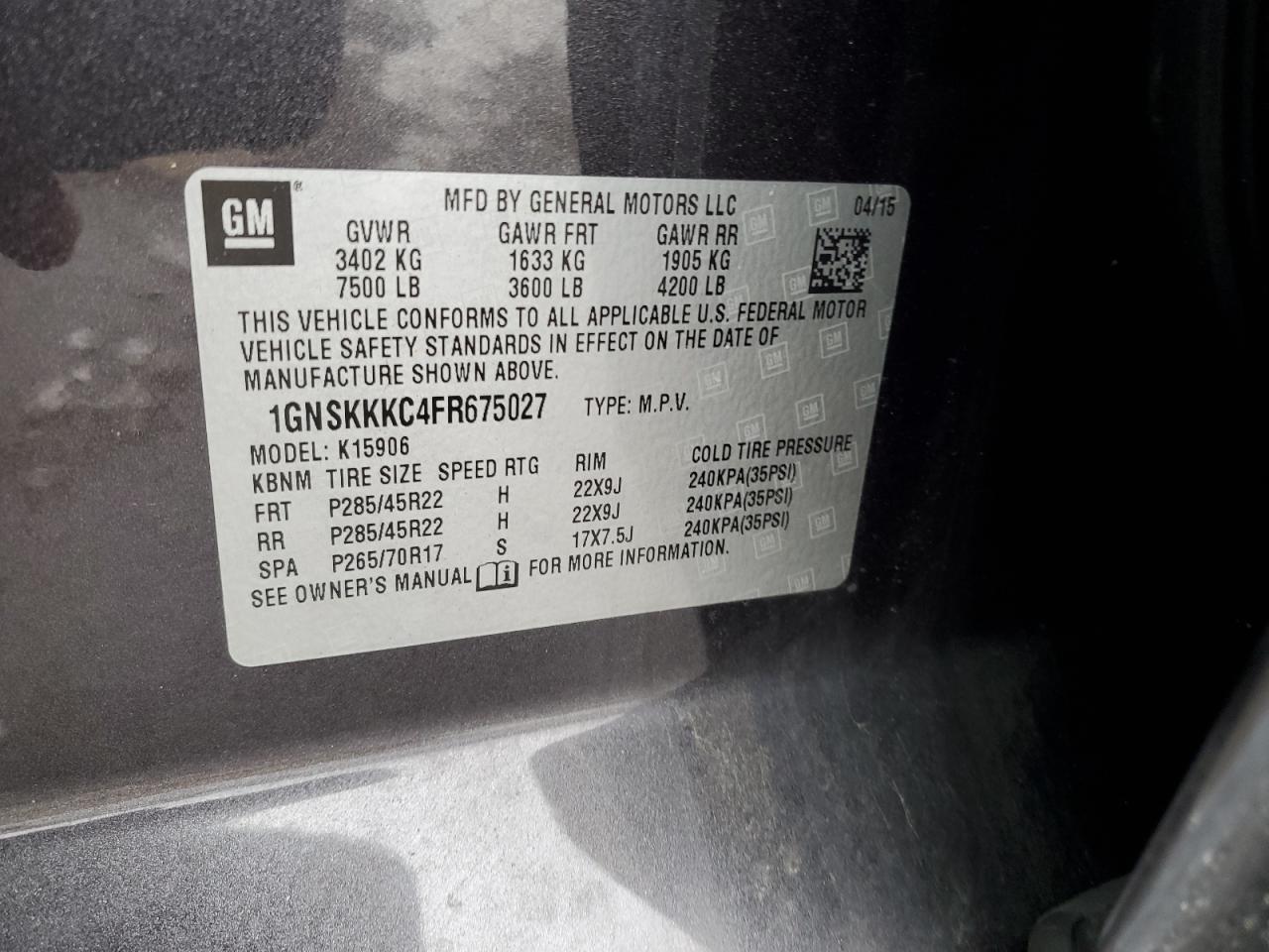 2015 Chevrolet Suburban VIN 1GNSKKKC4FR675027 Copart auction photo, rear end / side damage thumbnail 12
