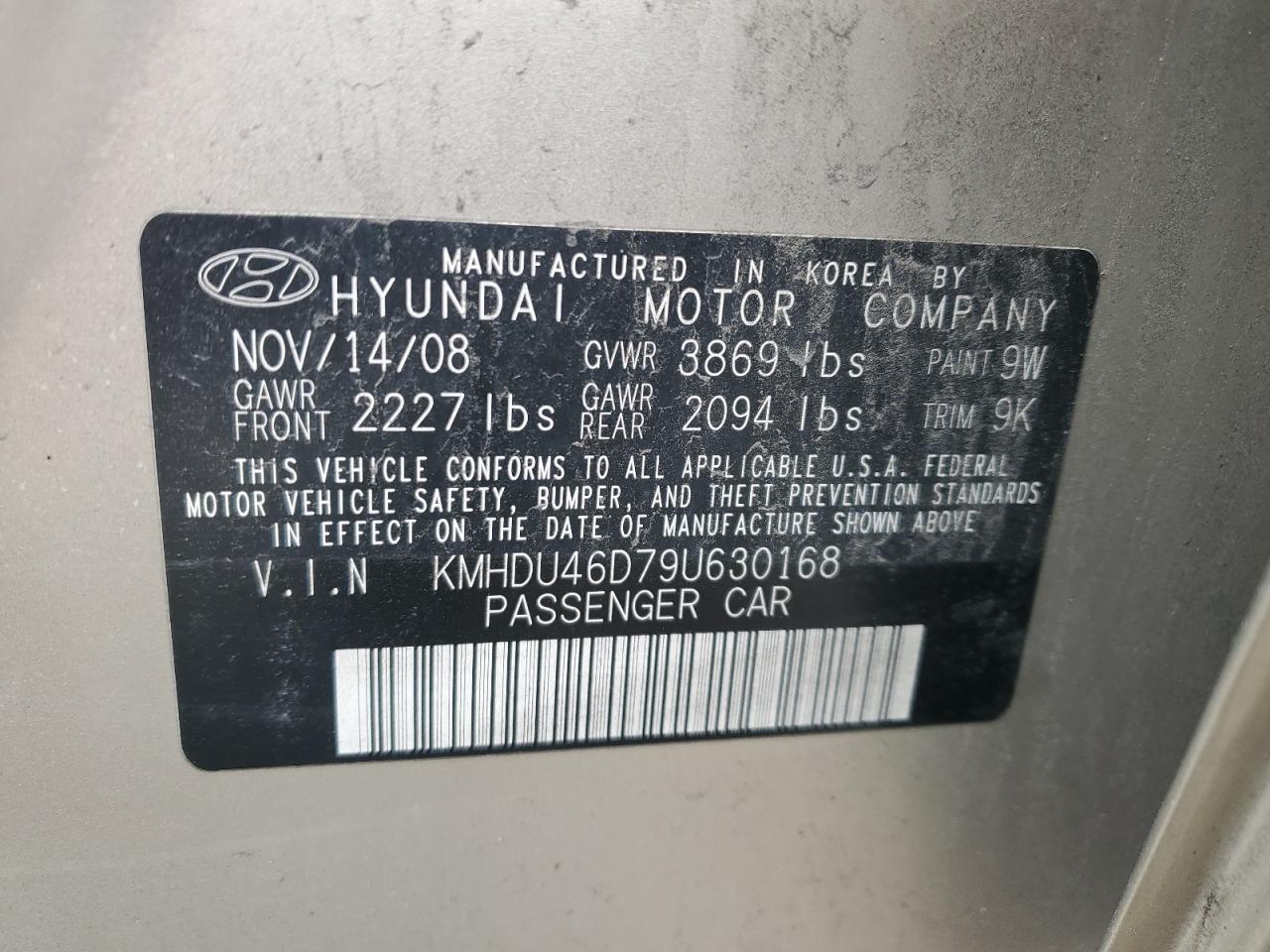 2009 Hyundai Elantra VIN KMHDU46D79U630168 Copart auction photo, rear end / minor dent/scratches damage thumbnail 12